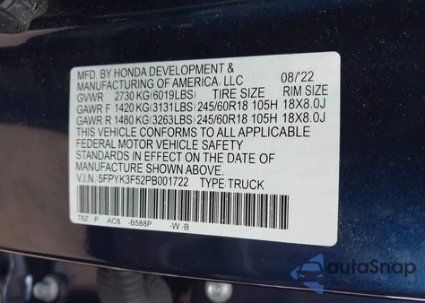 2023 Honda Ridgeline Rtl из США, поврежденный, VIN 5FPYK3F52PB001722